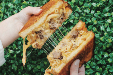 A baked mac and cheese sandwich with slow-cooked short rib from I Heart Mac & Cheese.