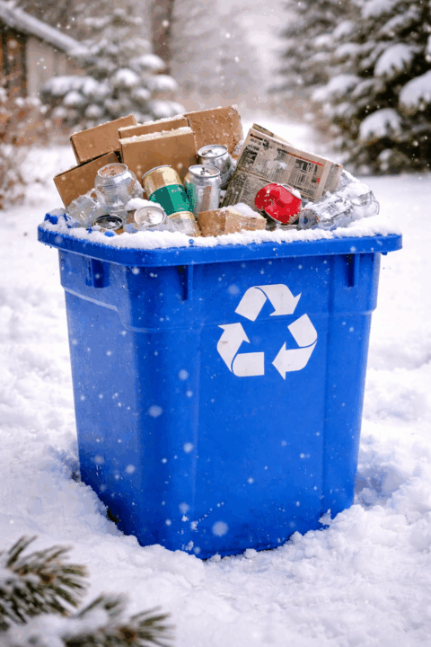 Recycling Bin full of items in the snow for recycled holiday crafts